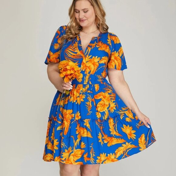 ROYAL BLUE FLORAL PLUS SIZE MINI DRESS - Picture 6 of 6